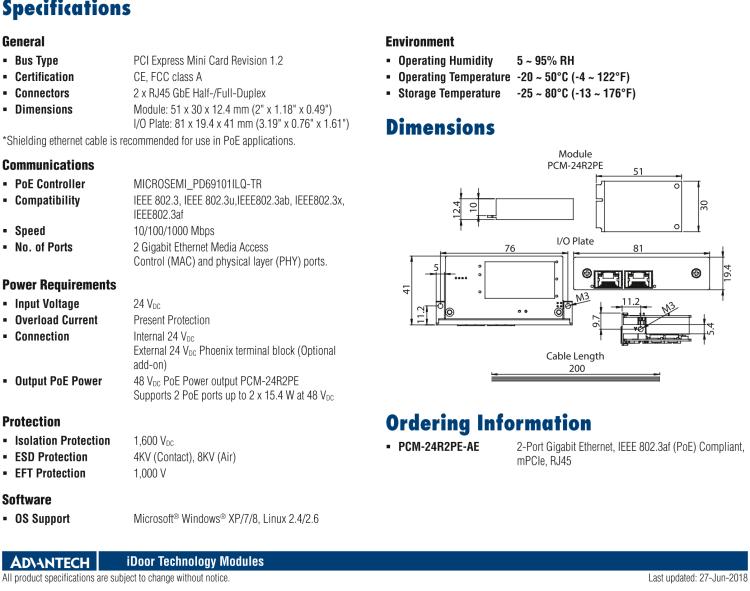 研華PCM-24R2PE 2端口千兆以太網(wǎng)，兼容IEEE 802.3af（PoE），mPCIe，RJ45