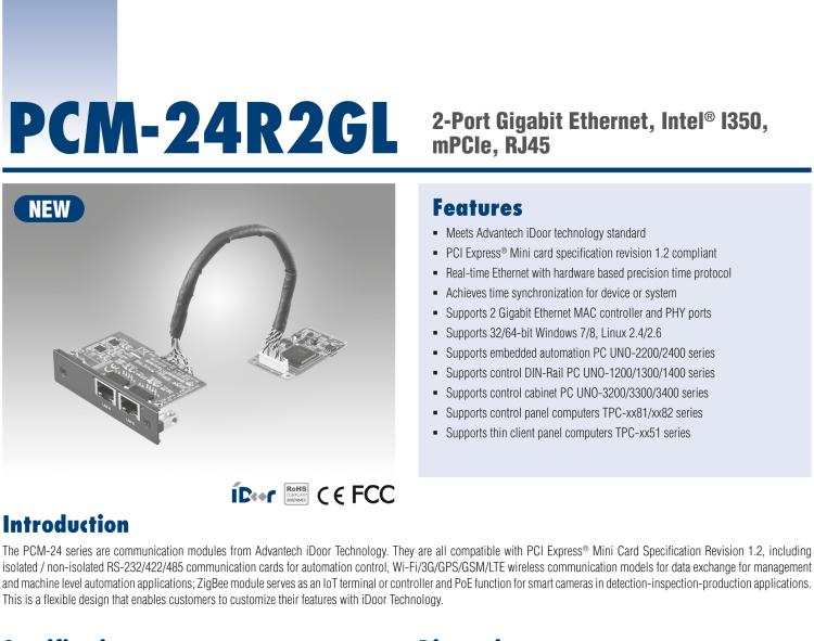 研華PCM-24R2GL 2端口千兆以太網(wǎng)，mPCIe，RJ45