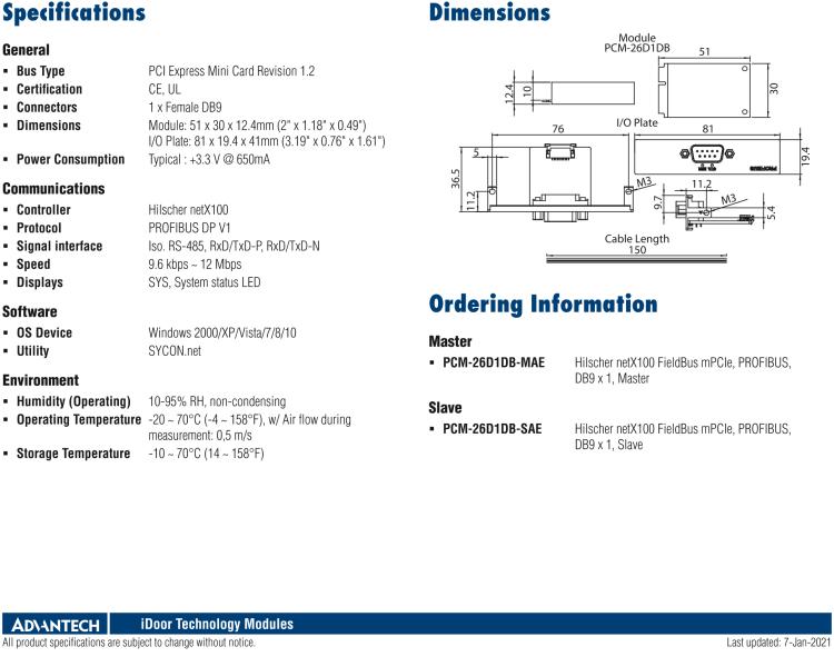研華PCM-26D1DB 1端口 Hilscher netX100 現(xiàn)場總線 mPCIe，PROFIBUS，DB9