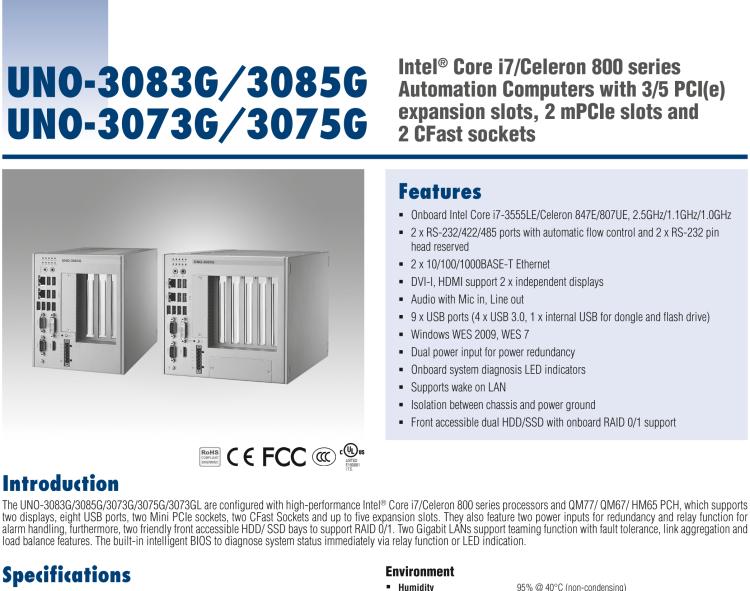 研華UNO-3075G 高效能嵌入式無風(fēng)扇工業(yè)電腦，搭配Intel Core i7/Celeron 800處理器，3 PCI(e) 擴(kuò)展槽, 2 Mini PCIe 插槽， 2 CFast 插口