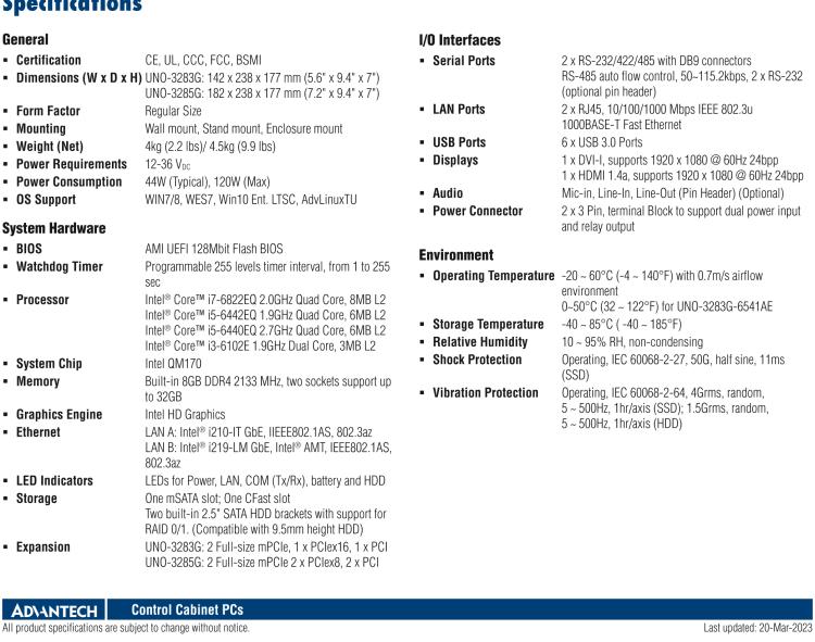 研華UNO-3283G 高效能嵌入式無風(fēng)扇工業(yè)電腦，搭配Intel? Core? i 處理器，2×GbE, 2×mPCIe, HDMI, DVI-I