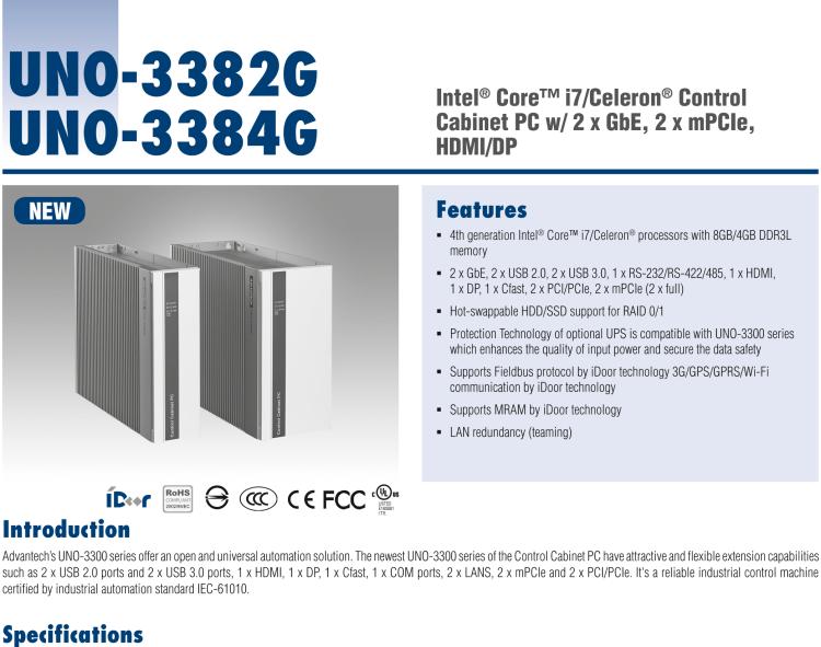 研華UNO-3382G Intel? Core? i7/Celeron控制柜PC，2 x GbE, 2 x mPCIe, HDMI/DP