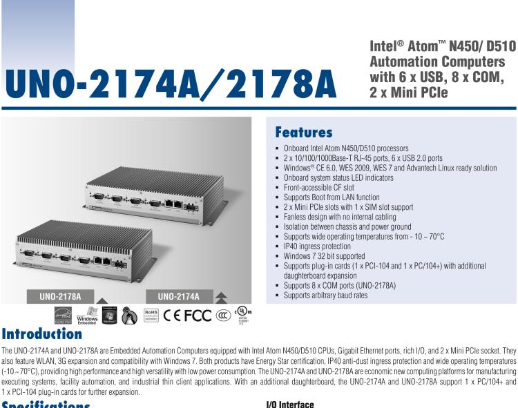 研華UNO-2178A Intel? Atom? D510無風(fēng)扇嵌入式工業(yè)電腦，6 x USB, 8 x COM, 2 x Mini PCIe