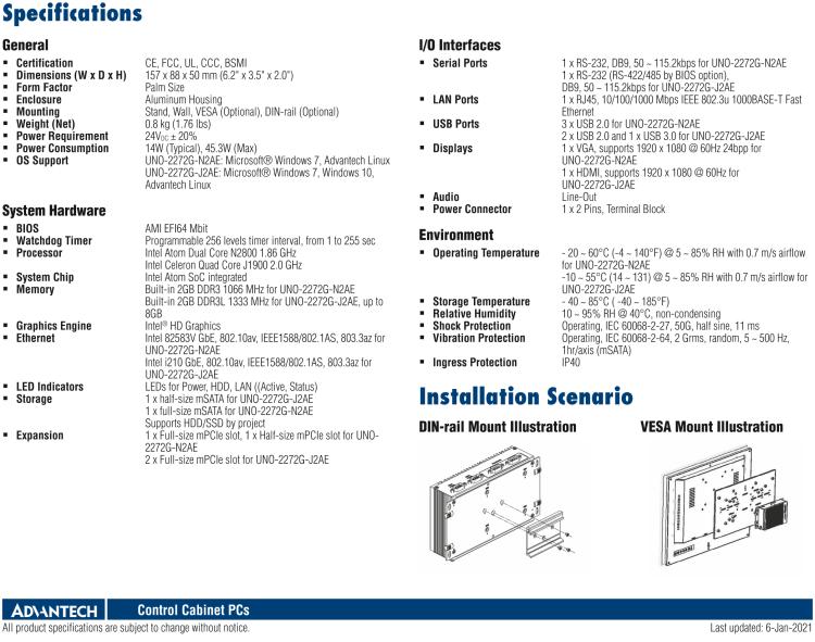 研華UNO-2272G 袖珍型嵌入式工控機，搭配Intel? Atom?處理器，1 x GbE, 2 x mPCIe, VGA/HDMI