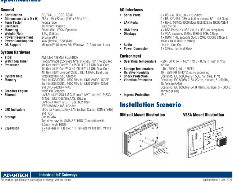 研華UNO-2483G 標(biāo)準(zhǔn)型嵌入式無風(fēng)扇工業(yè)電腦，搭配Intel? Core? i7/i3/Celeron處理器，4×GbE, 3×mPCIe, HDMI/VGA