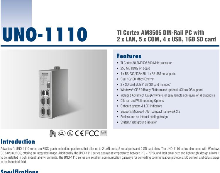 研華UNO-1110 導(dǎo)軌安裝型工業(yè)控制器，搭配TI Coretex AM3505 處理器，2×LAN，5×COM，4×USB，1 GB SD卡