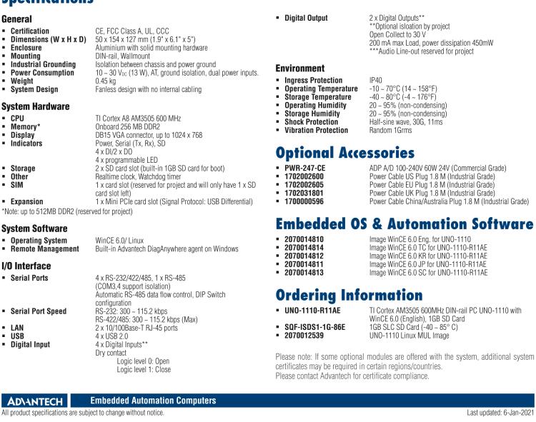 研華UNO-1110 導(dǎo)軌安裝型工業(yè)控制器，搭配TI Coretex AM3505 處理器，2×LAN，5×COM，4×USB，1 GB SD卡