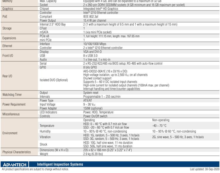 研華AIIS-5410P 無風(fēng)扇視覺系統(tǒng)，Intel Core? i 處理器，4通道 GigE PoE 相機界面和 PCIe 插槽