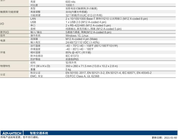 研華ITA-8120 滿足鐵路En50155認證標準，12.1寸可觸屏式平板電腦，支持英特爾?凌動x7-E3950處理器