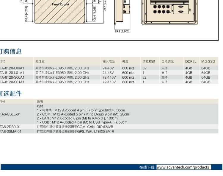 研華ITA-8120 滿足鐵路En50155認證標準，12.1寸可觸屏式平板電腦，支持英特爾?凌動x7-E3950處理器