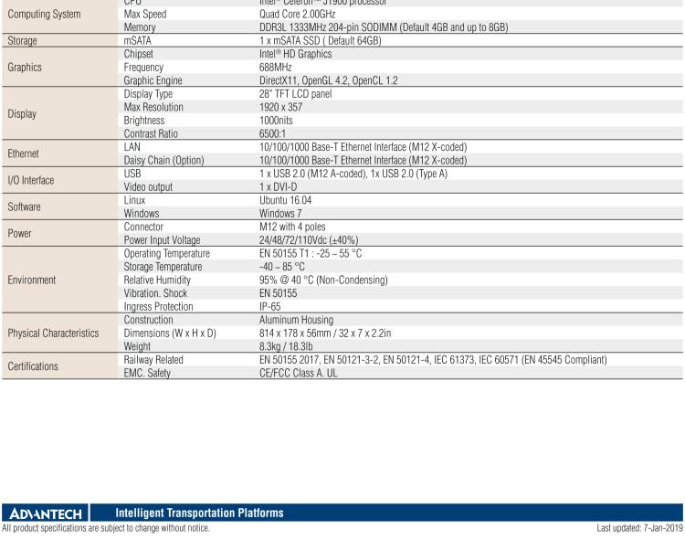 研華ARS-P2800 EN 50155 Intel? Celeron? J1900 28” 無風扇設(shè)計之列車車輛 Panel PC