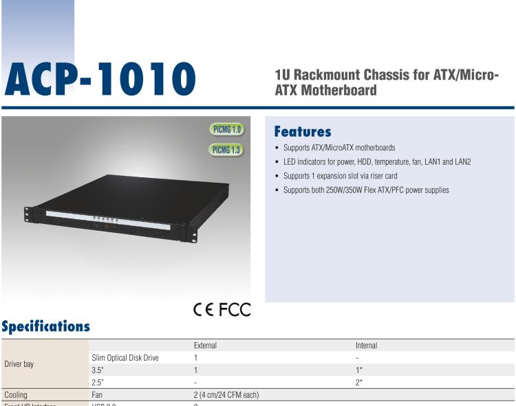 研華ACP-1010 1U 上架式機(jī)箱，用于全長(zhǎng)卡或 ATX/ MicroATX 母板，配有雙SAS/ SATA硬盤托架
