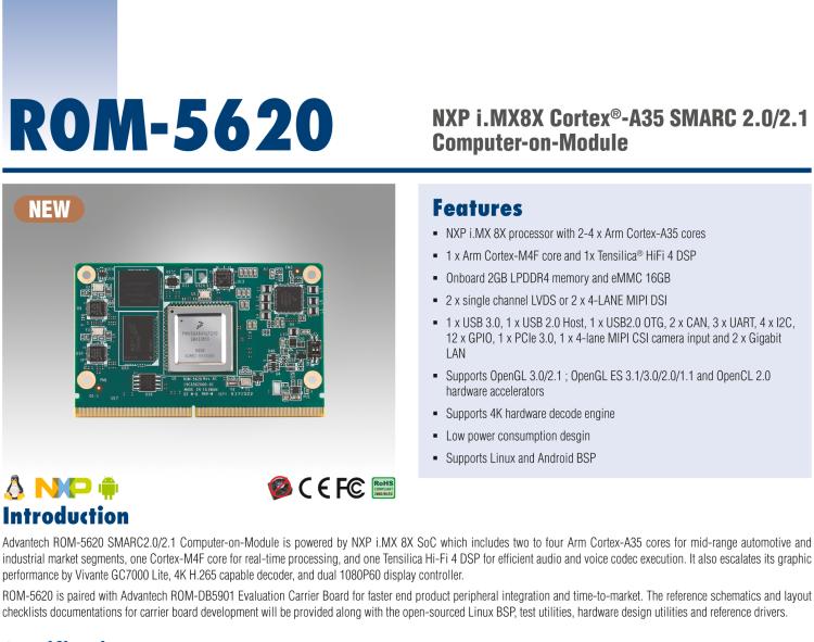 研華ROM-5620 基于NXP i.MX8X SMARC2.0 Arm核心板，多接口，低功耗設(shè)計(jì)