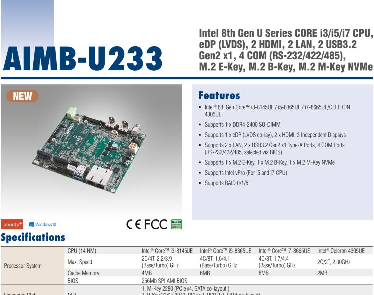 研華AIMB-U233 板載Intel 第8代 U系列 Core i3/i5/i7 處理器。低功耗高性能，無風(fēng)扇設(shè)計。