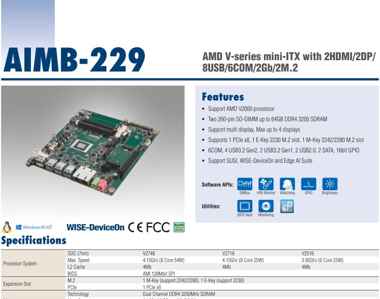 研華AIMB-229 板載AMD V2000系列8核/16線程CPU。視頻圖像處理性能強(qiáng)勁，接口豐富，超薄緊湊設(shè)計(jì)。