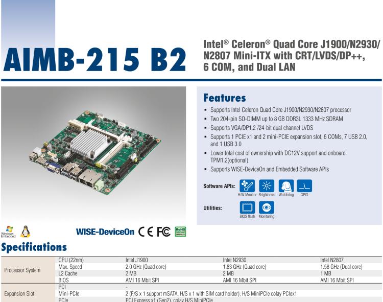 研華AIMB-215 板載Intel? 第4代 賽揚處理器。豐富的擴展，無風(fēng)扇設(shè)計，支持寬溫寬壓。