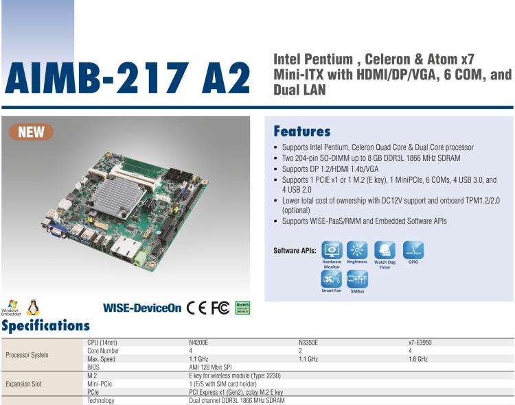 研華AIMB-217 板載Intel? 第6代 奔騰、賽揚、凌動系列處理器。擁有多COM和雙千兆網口，超薄緊湊，無風扇設計，支持寬溫。