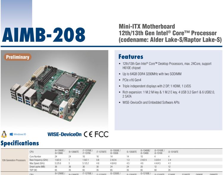 研華AIMB-208 適配Intel 第12/13代 Core i/奔騰系列處理器，搭載H110芯片組。高性價比，擁有豐富的擴展接口，通用性強，穩(wěn)定可靠。