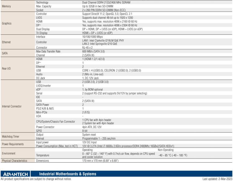 研華AIMB-232 板載Intel? 第6/7代 Core? i/賽揚(yáng) 處理器。超薄設(shè)計(jì)，無風(fēng)扇設(shè)計(jì)，支持寬溫。