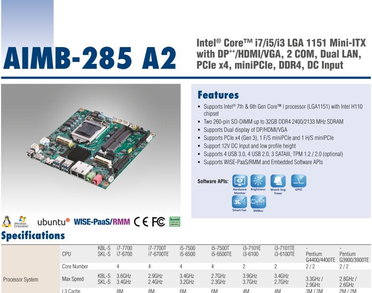 研華AIMB-285 適配Intel? 第6/7代 Core? i 處理器，搭載H110芯片組。超薄緊湊，是理想的高性價(jià)比解決方案。