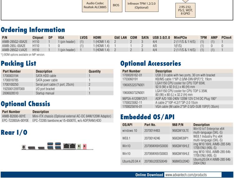 研華AIMB-285 適配Intel? 第6/7代 Core? i 處理器，搭載H110芯片組。超薄緊湊，是理想的高性價(jià)比解決方案。