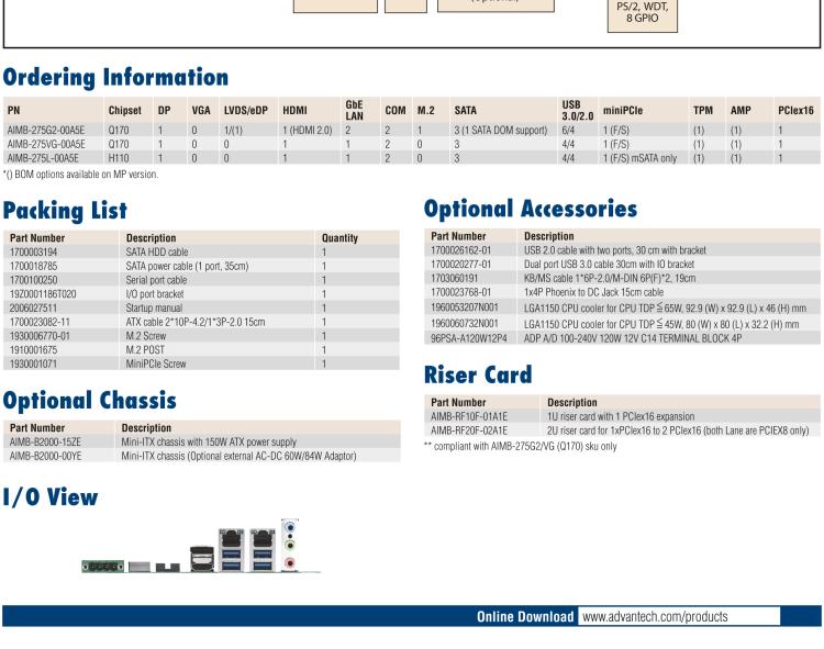 研華AIMB-275 適配Intel? 第6/7代 Core? i 處理器，搭載Intel Q170/H110芯片組。性能強(qiáng)勁，接口豐富。