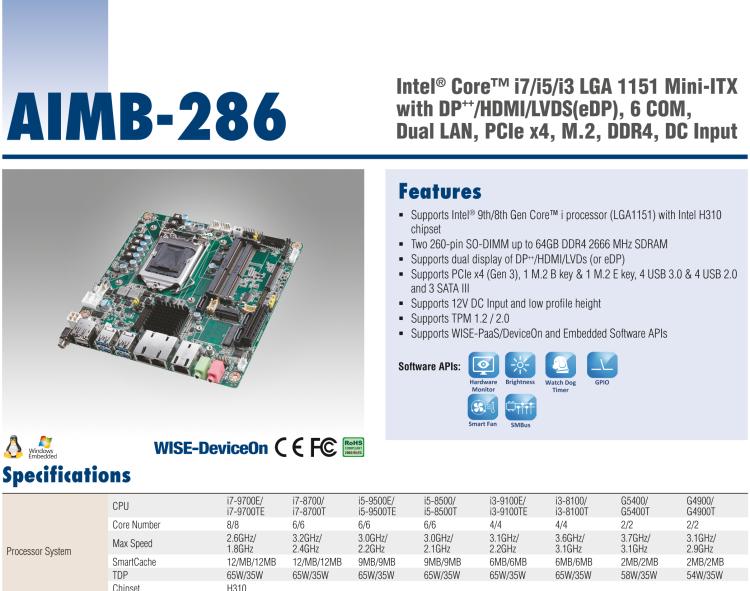 研華AIMB-286 Intel? 第8/9代 Core? i 系列處理器，搭載Intel H310芯片組。超薄設(shè)計，結(jié)構(gòu)緊湊。