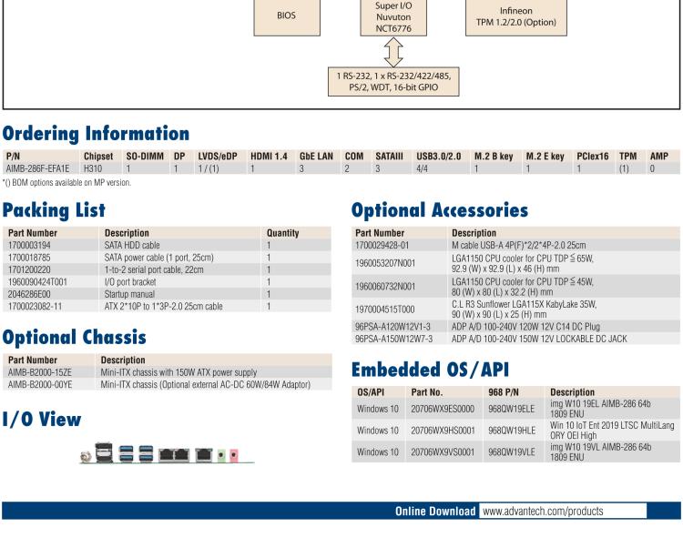 研華AIMB-286EF 適配Intel 第8/9代 Core i 處理器，搭載Intel H310芯片組。擁有1個(gè)PCIe x16插槽。超薄設(shè)計(jì)，接口豐富，是高端應(yīng)用中的高性價(jià)比方案。