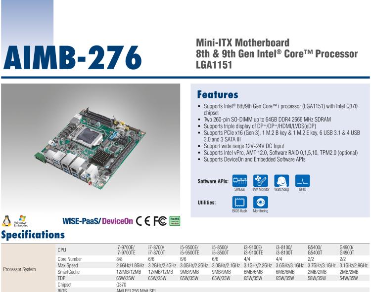 研華AIMB-276 適配Intel 第8/9代 Core?i7/i5/i3 處理器，搭載Q370芯片組。超高性能，是邊緣計算、AI視頻檢測等理想解決方案。
