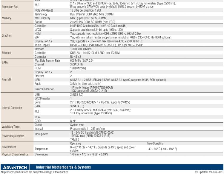 研華AIMB-276 適配Intel 第8/9代 Core?i7/i5/i3 處理器，搭載Q370芯片組。超高性能，是邊緣計算、AI視頻檢測等理想解決方案。