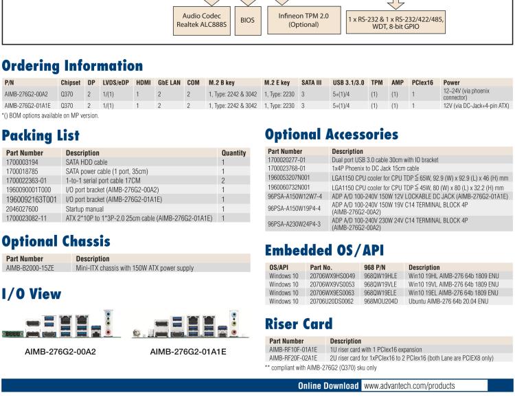 研華AIMB-276 適配Intel 第8/9代 Core?i7/i5/i3 處理器，搭載Q370芯片組。超高性能，是邊緣計算、AI視頻檢測等理想解決方案。