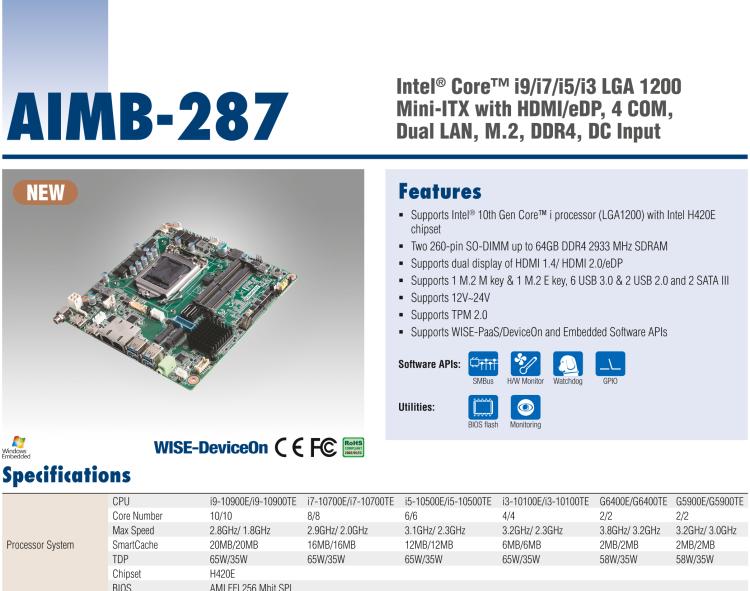研華AIMB-287 適配Intel? 第10代 Core? i 系列處理器，搭載H420E芯片組。超薄設(shè)計(jì)，性能強(qiáng)勁。