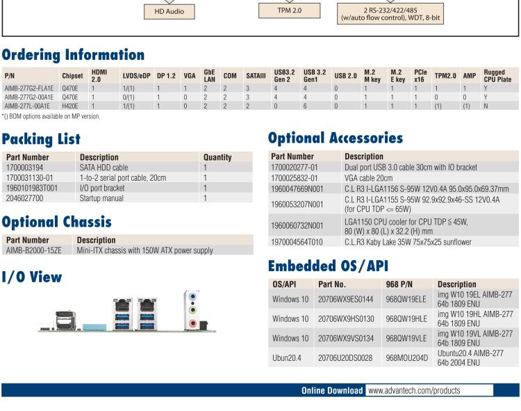 研華AIMB-277 適配Intel? 第10代 Core? i 系列處理器，搭載Q470E芯片組。性能強(qiáng)勁，適用于高端應(yīng)用領(lǐng)域。