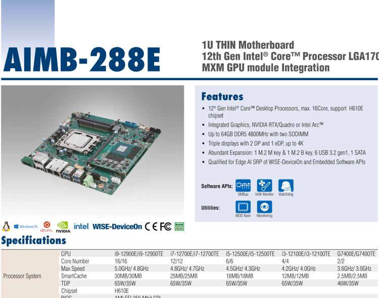 研華AIMB-288E 板載Intel 第12代 Core i 桌面級(jí)CPU。橫向顯卡插槽，搭配NVIDIA Quadro T1000 MXM顯卡。超薄散熱設(shè)計(jì)，高性能選擇方案。