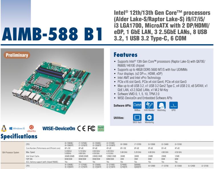 研華AIMB-588B1 適配Intel 第12/13代 Core i/奔騰系列處理器，搭載Q670E/R680E/H610E芯片組。性能可達(dá)服務(wù)器級(jí)別，獨(dú)立四顯，具備專業(yè)的圖像處理能力，是理想的行業(yè)解決方案。