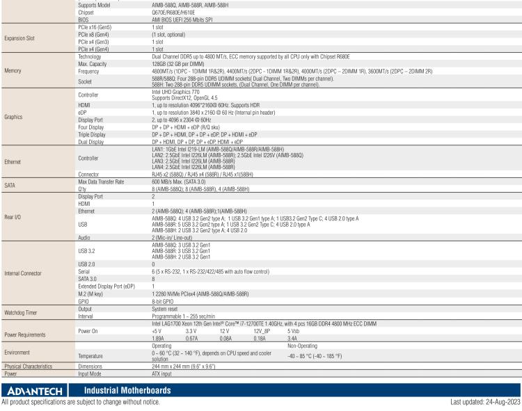 研華AIMB-588 適配Intel 第12代 Core i 系列處理器，搭載Q670E/ R680E/ H610E芯片組。高性能可達服務器級別高端產品，獨立四顯，專業(yè)的圖像處理能力，是理想的行業(yè)解決方案。