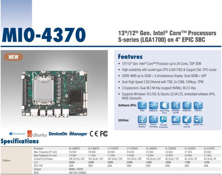 研華MIO-4370 基于第12代Intel Core處理器（Alder Lake-S系列，LGA1700 socket CPU）， 4" EPIC 單板電腦