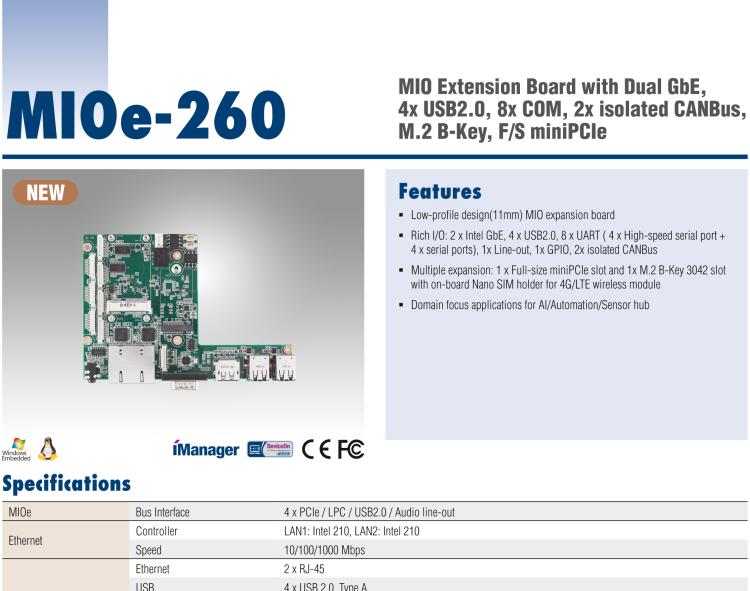 研華MIOe-260 M.2 B-key，高速 miniPCIe，雙Intel LAN，4個(gè)USB2.0、8個(gè)COM