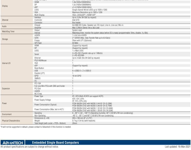 研華PCM-9563 英特爾第六代Atom?奔騰?/賽揚(yáng)?/ Atom?處理器N4000，N3000系列，帶VGA / LVDS / HDMI的EBX/5.25寸主板，3 GbE，8 USB，1 SATA，音頻，1個miniPCIe，1 M.2 E kay，1 m.SATA，6個COM