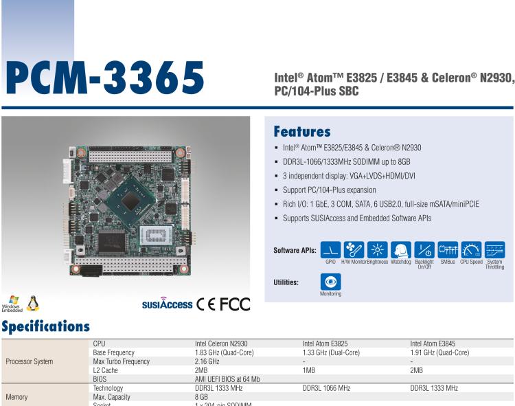 研華PCM-3365 英特爾第四代凌動?Atom?E3825 / E3845＆賽揚?N2930，PC / 104-Plus嵌入式主板，ISA，VGA，HDMI / DVI，LVDS，6 USB，mSATA或板載SSD