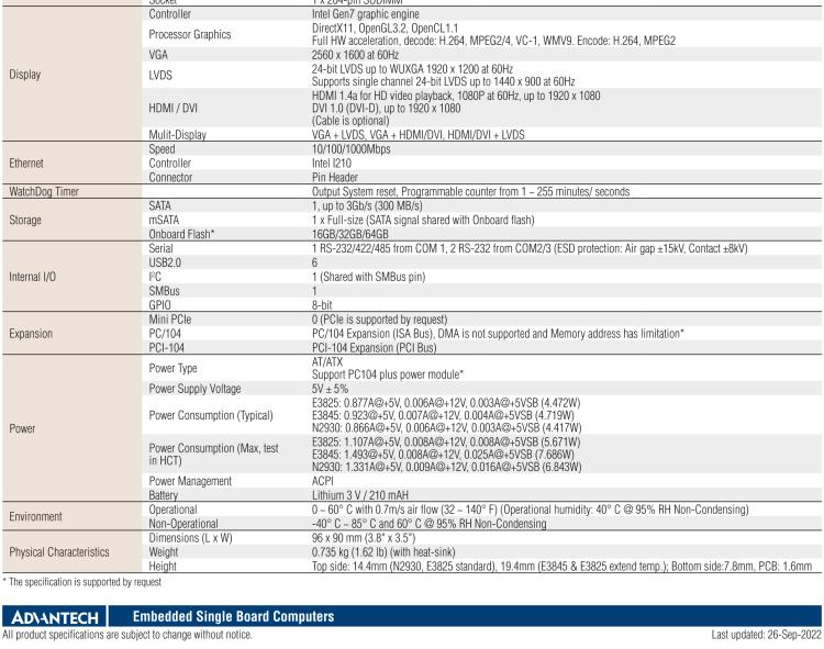 研華PCM-3365 英特爾第四代凌動?Atom?E3825 / E3845＆賽揚?N2930，PC / 104-Plus嵌入式主板，ISA，VGA，HDMI / DVI，LVDS，6 USB，mSATA或板載SSD