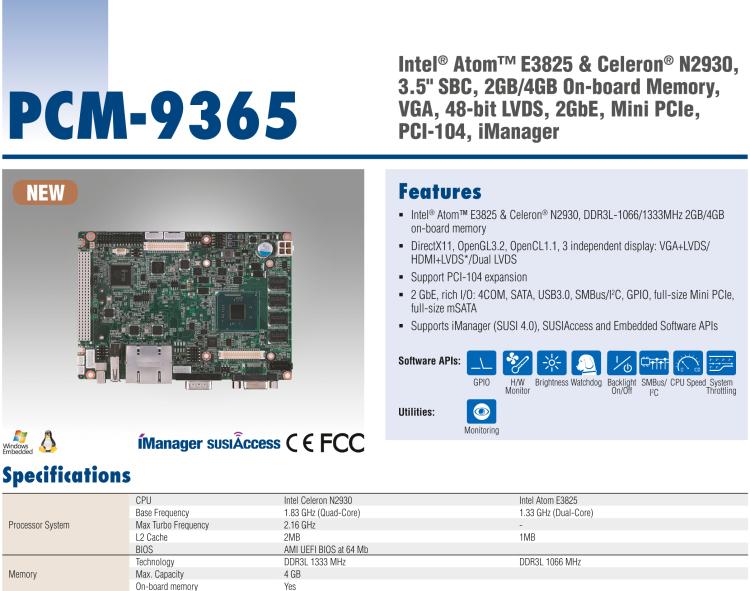 研華PCM-9365 第四代ATOM PCI-104 3.5寸主板, 搭載E3825，N2930 CPU，2GB/4GB內(nèi)存在板，VGA, 18/24-bit LVDS, 2GbE, Mini PCIe, PCI-104, iManager