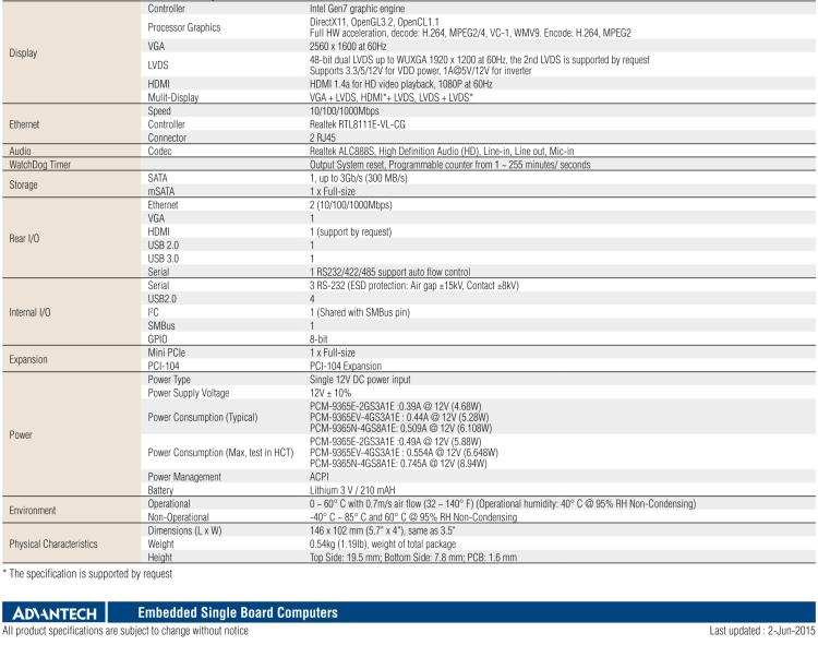 研華PCM-9365 第四代ATOM PCI-104 3.5寸主板, 搭載E3825，N2930 CPU，2GB/4GB內(nèi)存在板，VGA, 18/24-bit LVDS, 2GbE, Mini PCIe, PCI-104, iManager