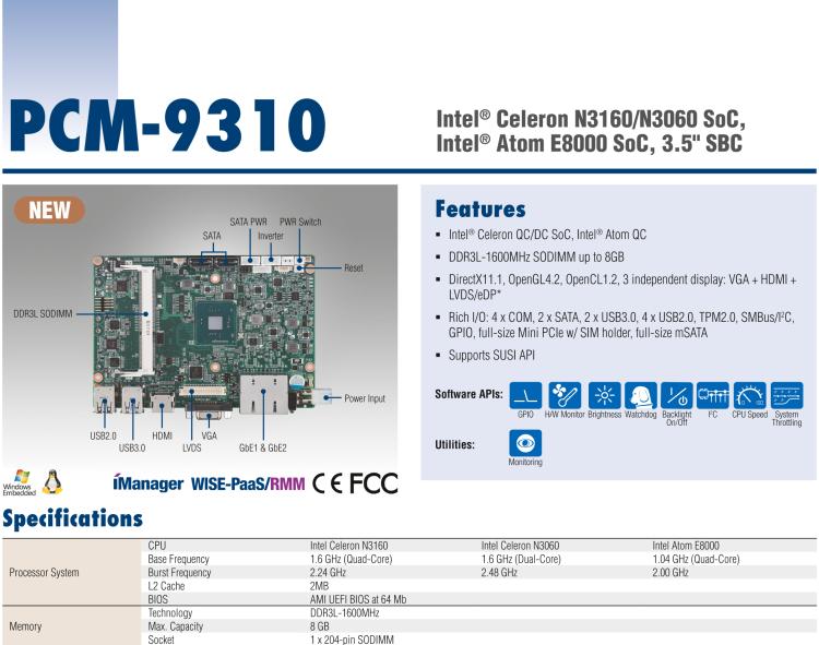 研華PCM-9310 英特爾第五代Atom?賽揚N3160 / N3060 SoC，Intel?Atom E8000 SoC，3.5寸單板電腦，DDR3L，VGA，HDMI，48位LVDS，2GbE，Mini PCIe，mSATA，SUSI API