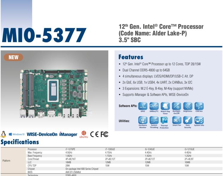 研華MIO-5377 第12代 Intel Core i7/ i5/ i3 P系列，3.5"單板電腦， 高達(dá)12 核心，TDP 28/15W