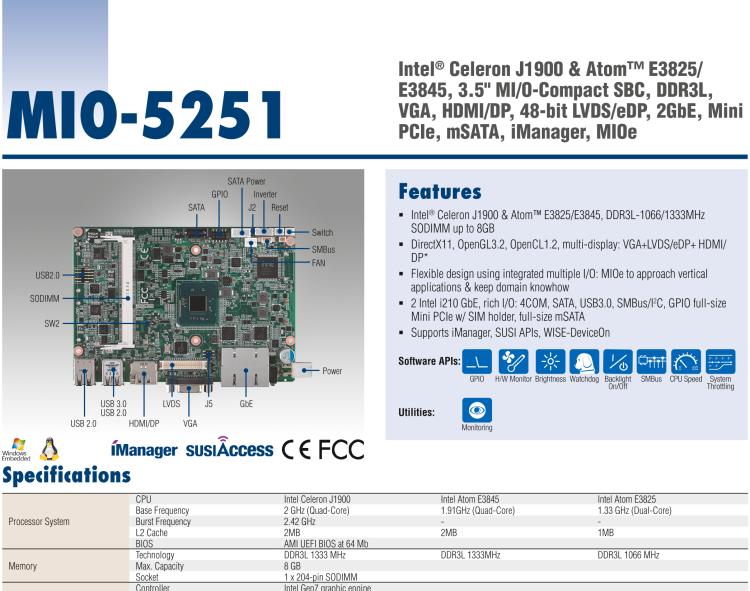 研華MIO-5251 3.5寸MIO單板電腦，采用嵌入式 Intel? Atom? E3825 &Intel? J1900處理器