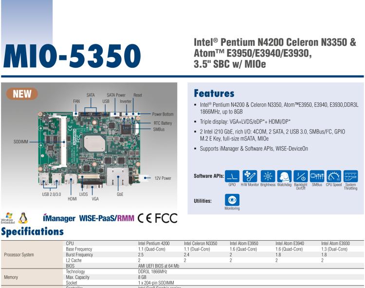 研華MIO-5350 英特爾第六代凌動(dòng) Atom?奔騰N4200/N3350，3.5寸單板電腦
