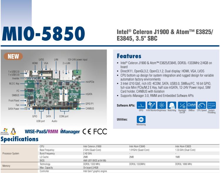 研華MIO-5850 Intel賽揚(yáng)J1900和Atom?E3825 / E3845,3.5“MI / O-Compact SBC，板載DDR3L，3GbE，iManager 3.0,16位GPIO，CANBUS，板載eMMC，12V / 24V電源輸入