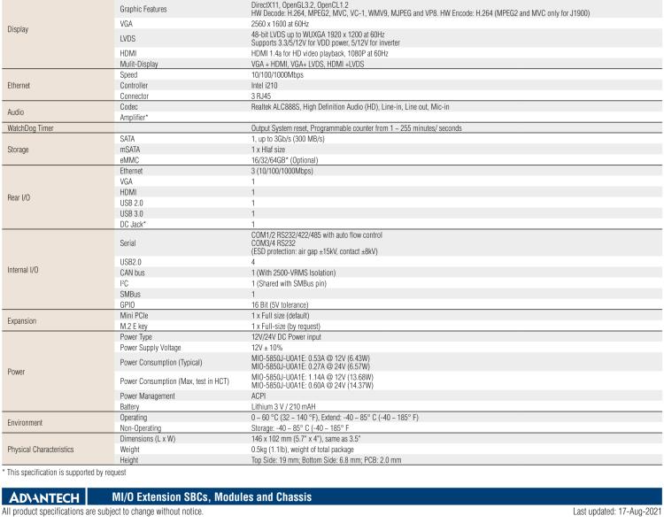 研華MIO-5850 Intel賽揚(yáng)J1900和Atom?E3825 / E3845,3.5“MI / O-Compact SBC，板載DDR3L，3GbE，iManager 3.0,16位GPIO，CANBUS，板載eMMC，12V / 24V電源輸入