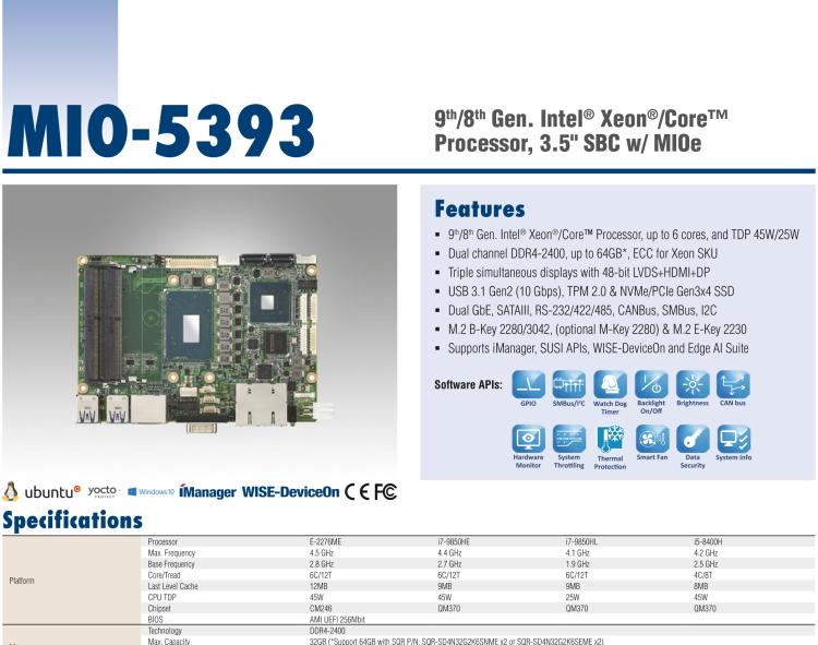 研華MIO-5393 第九代Intel 高性能筆記本CPU 3.5寸小尺寸嵌入式單板，性能提升25%，TDP 45W/25W，支持DDR4 64GB內(nèi)存，2LAN, 4USB 3.1，M.2 2280 Key支持NVMe，-40-85℃寬溫